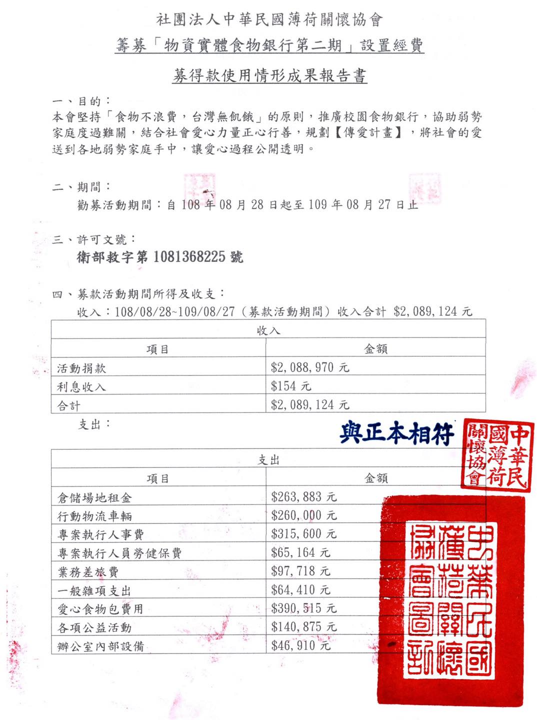 籌募「物資實體食物銀行」第二期設置經費執行說明(標題圖檔)